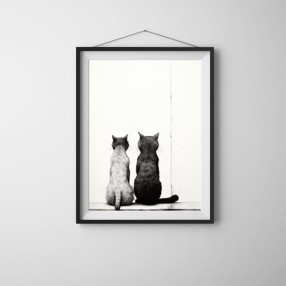 Together Two Cats Watching Minimalist Black And White Feline Bond Poster