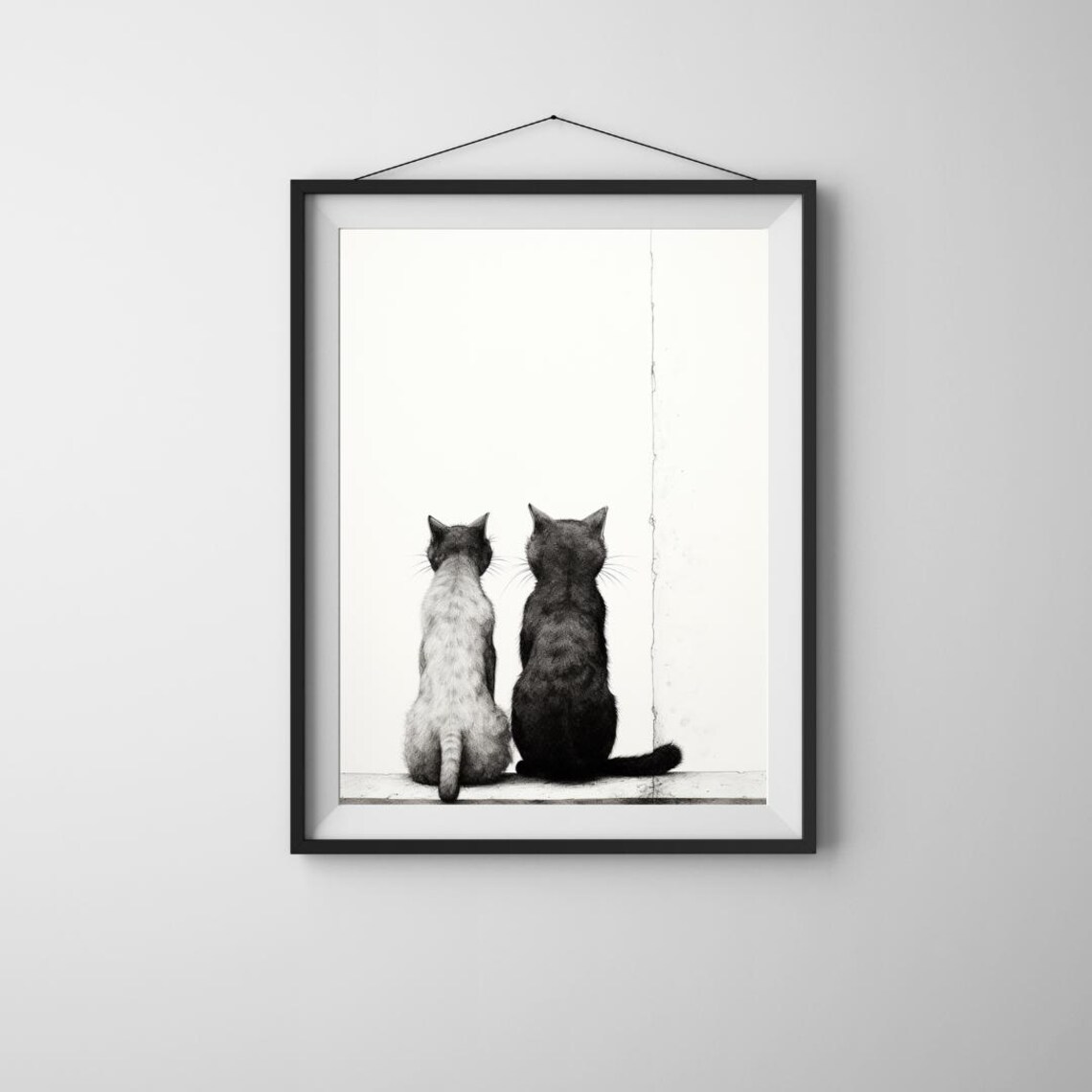 Together Two Cats Watching Minimalist Black And White Feline Bond Poster