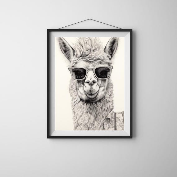 Stylish Llama Art Aigenerated Illustration Highresolution Artwork Black And White Print Alpaca Poster Funny Wall
