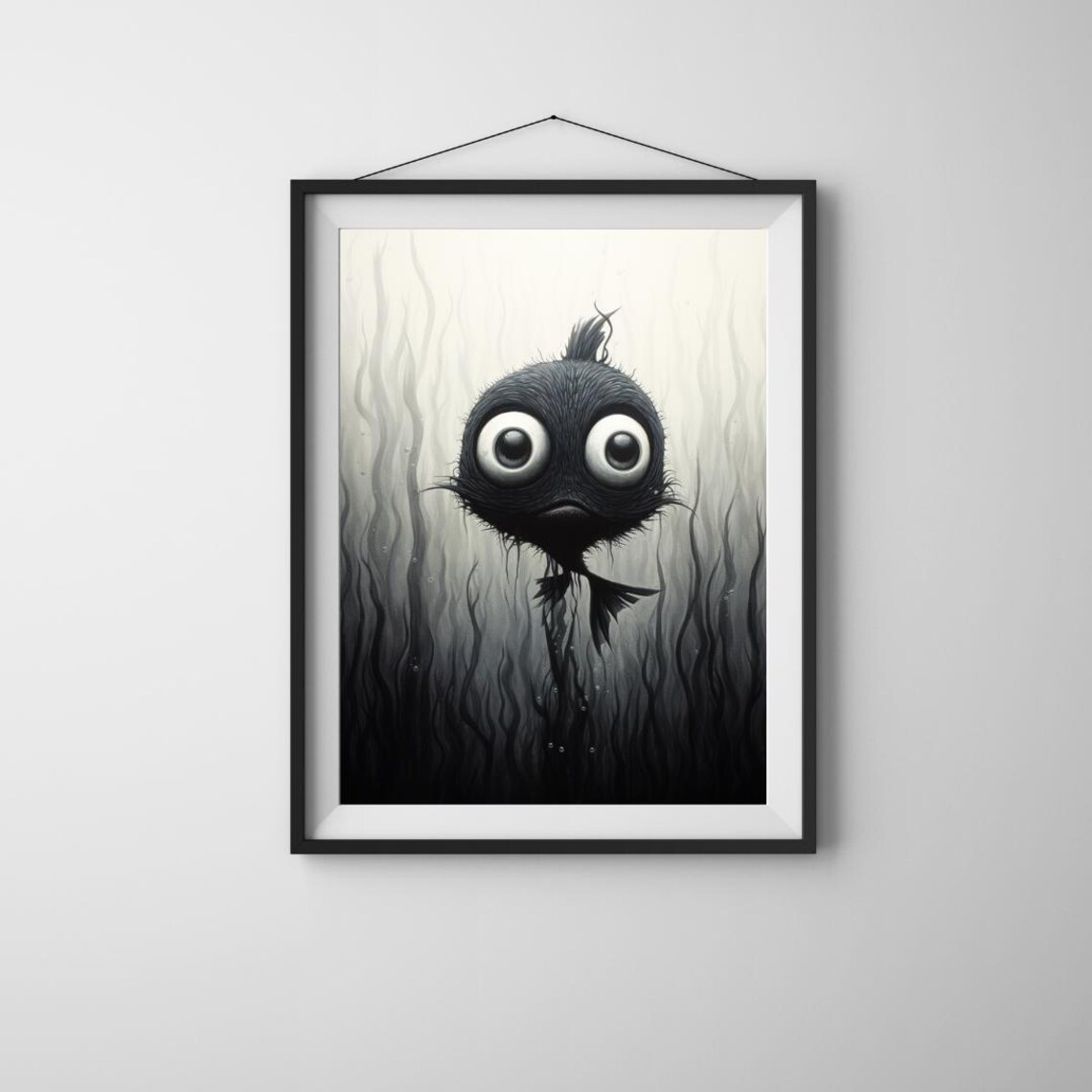Mystical Deep Sea Fish Art Black White Aigenerated Poster