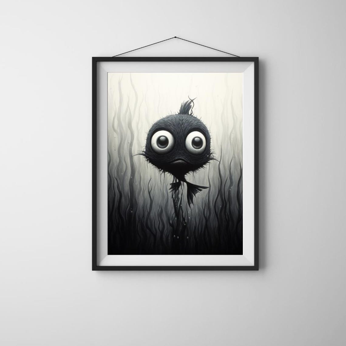 Wide Eyed Deep Sea Fish Monochrome Whimsical Ocean Creature Poster