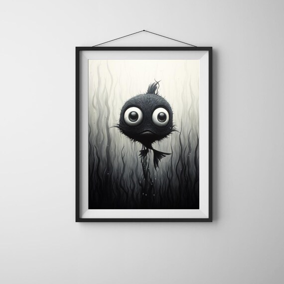 Wide Eyed Deep Sea Fish Monochrome Whimsical Ocean Creature Poster