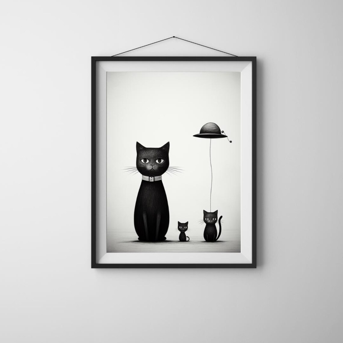 Whimsical Black Cat Family Floating Bowler Hat Minimalist Feline Art Poster