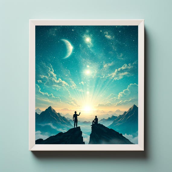 Twilight Adventure Silhouettes Atop Majestic Peaks Under A Celestial Sky Art Landscape Print For Exploration Lovers