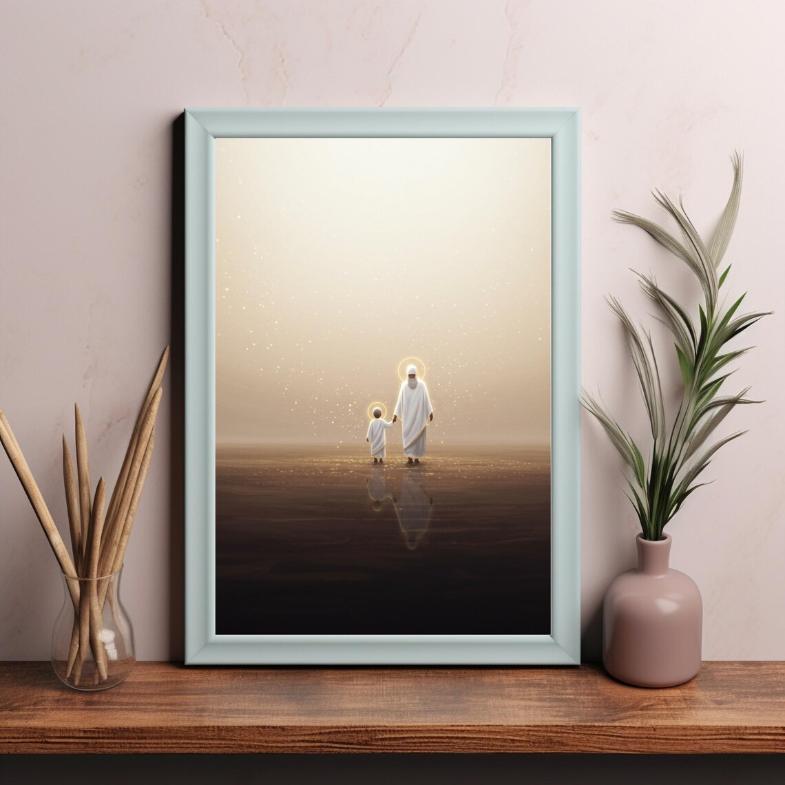 Haloed Figures Walking On Water Toward Golden Heavenly Light Poster