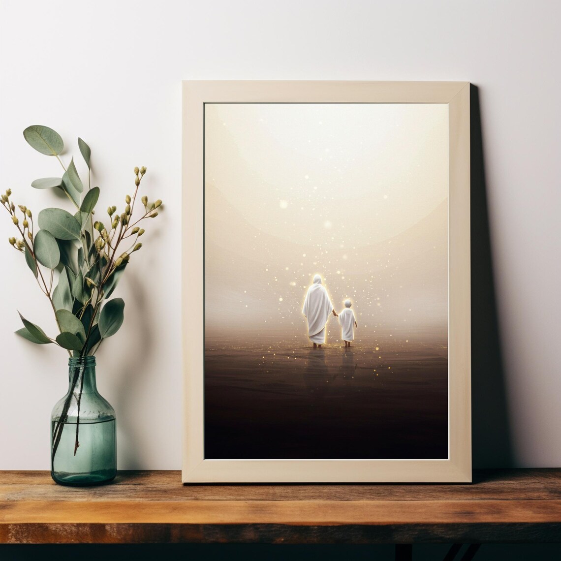 Adult And Child Walking Toward Heavenly Light Ethereal Water Poster