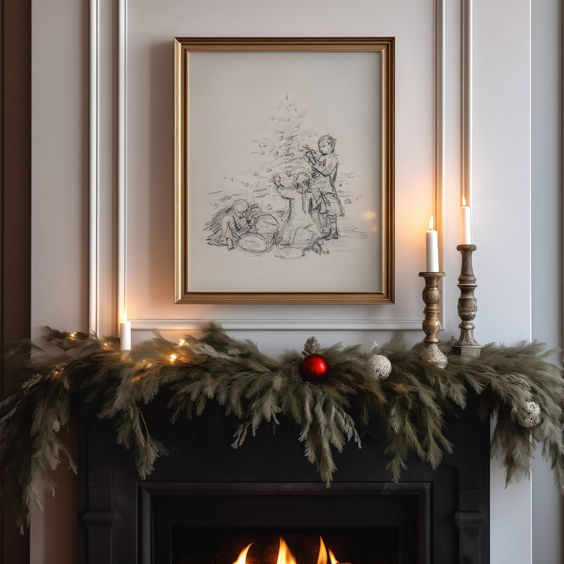Vintage Sketch Children Trimming Christmas Tree Neutral Wall Art - Image 2