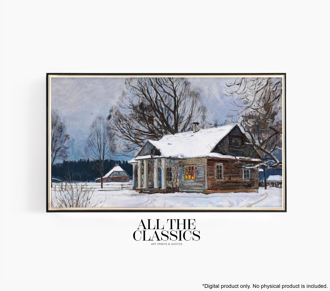 Winter Cabin Snow Covered Rustic Country House Vintage Landscape Wall Art