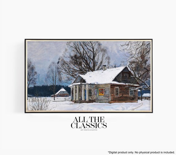 Winter Cabin Snow Covered Rustic Country House Vintage Landscape Wall Art