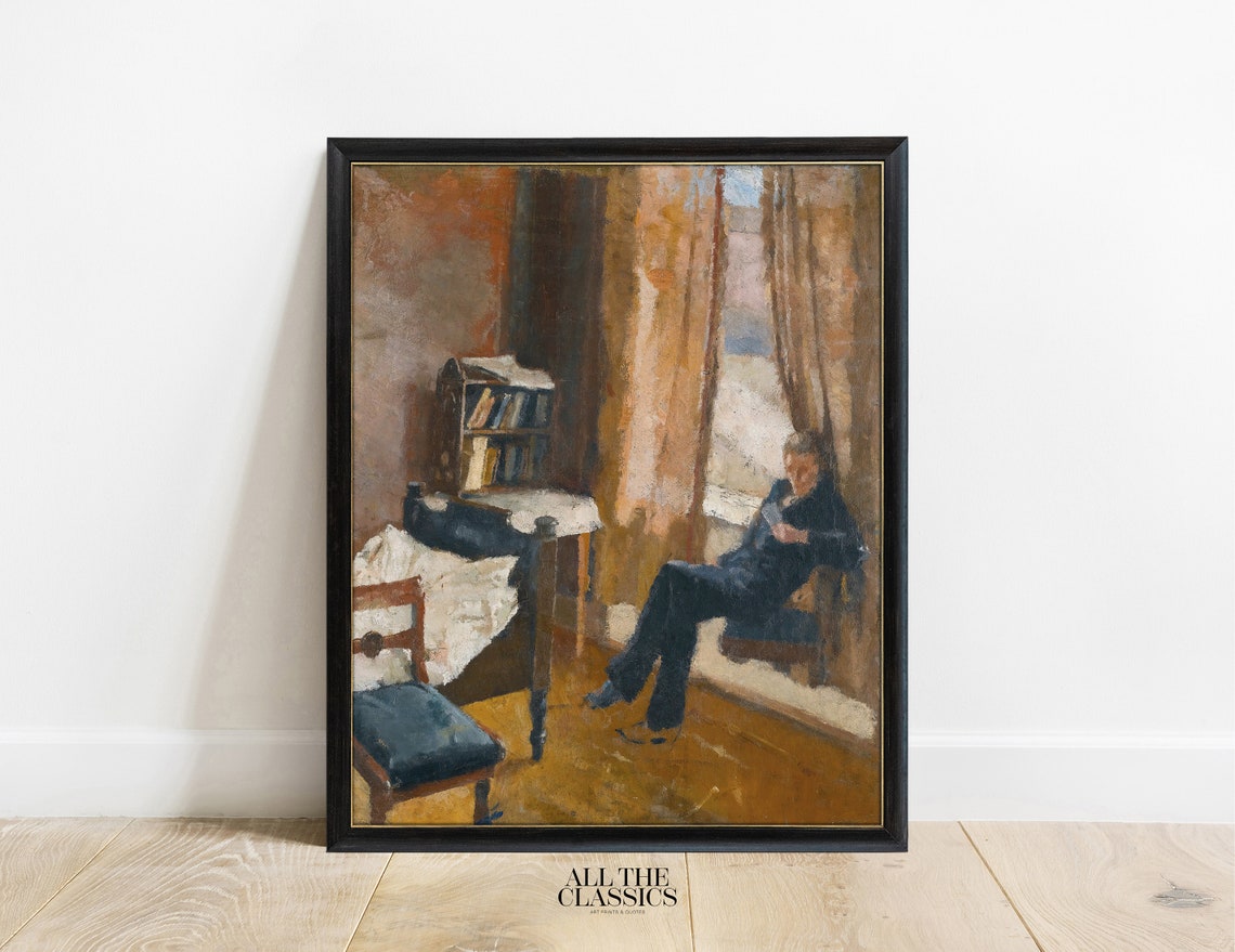 Reader by Window Cozy Interior Bookshelf Oil Painting Poster - Image 3