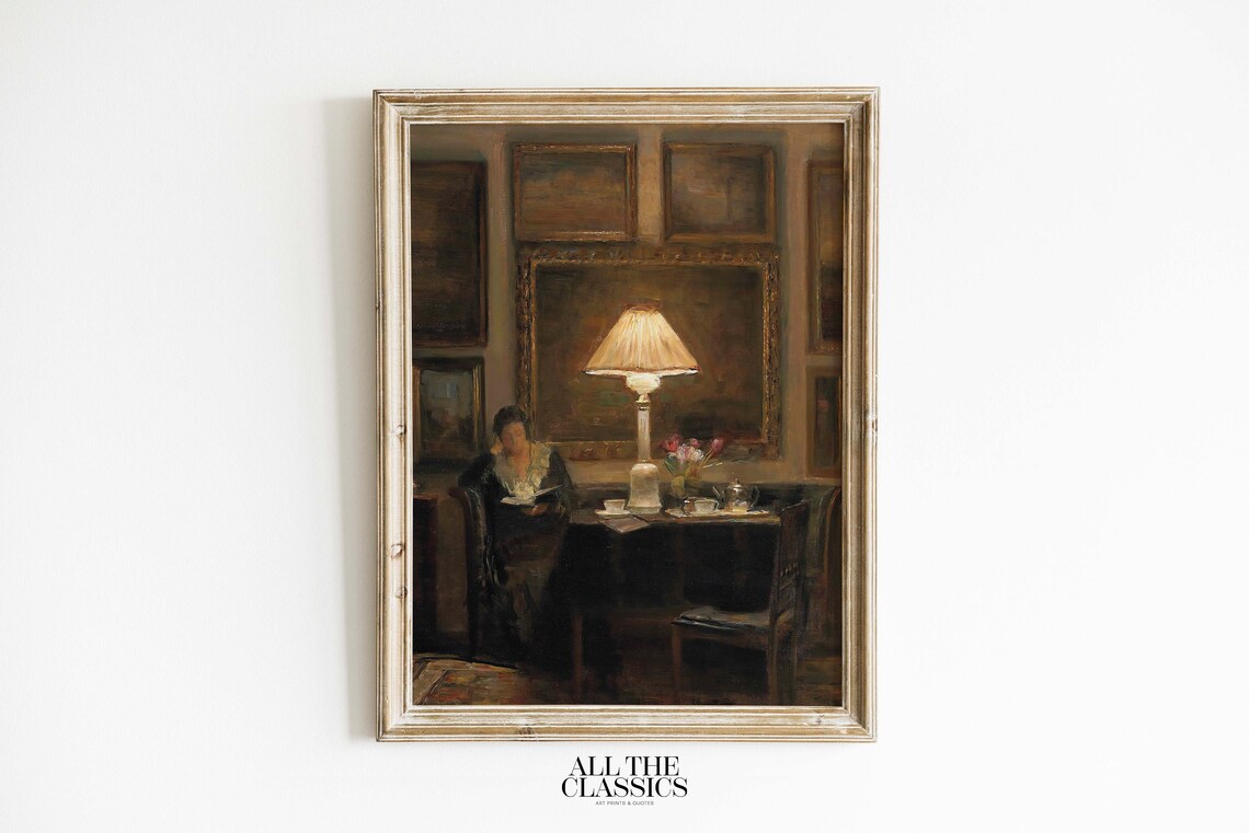 By Lamplight Woman Reading, Dark Academia Art Print