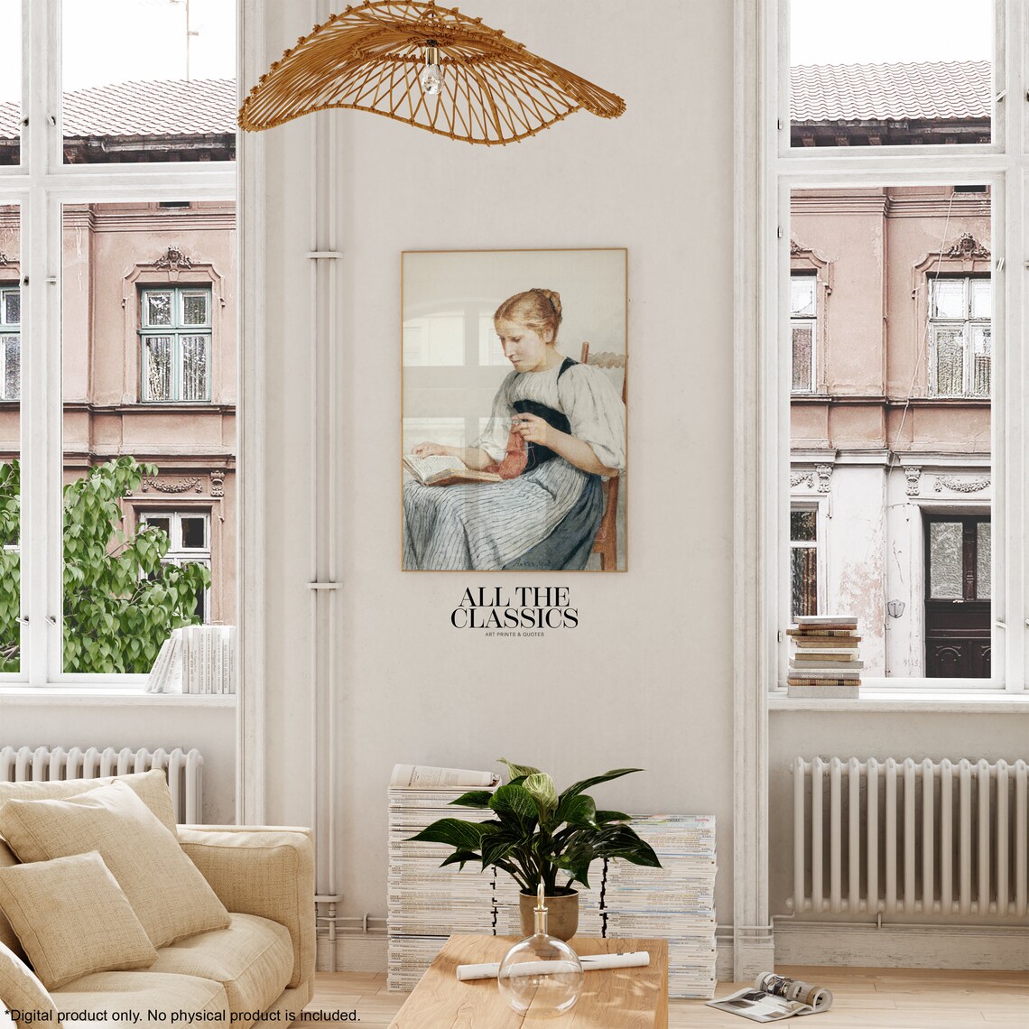 Woman Reading Knitting Book Vintage Academic Portrait Painting Print - Image 3