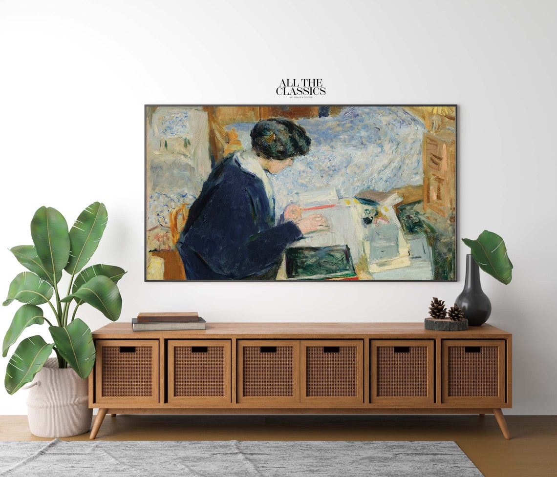 Woman Reading at a Desk in Soft Blue Light Impressionist Poster - Image 2