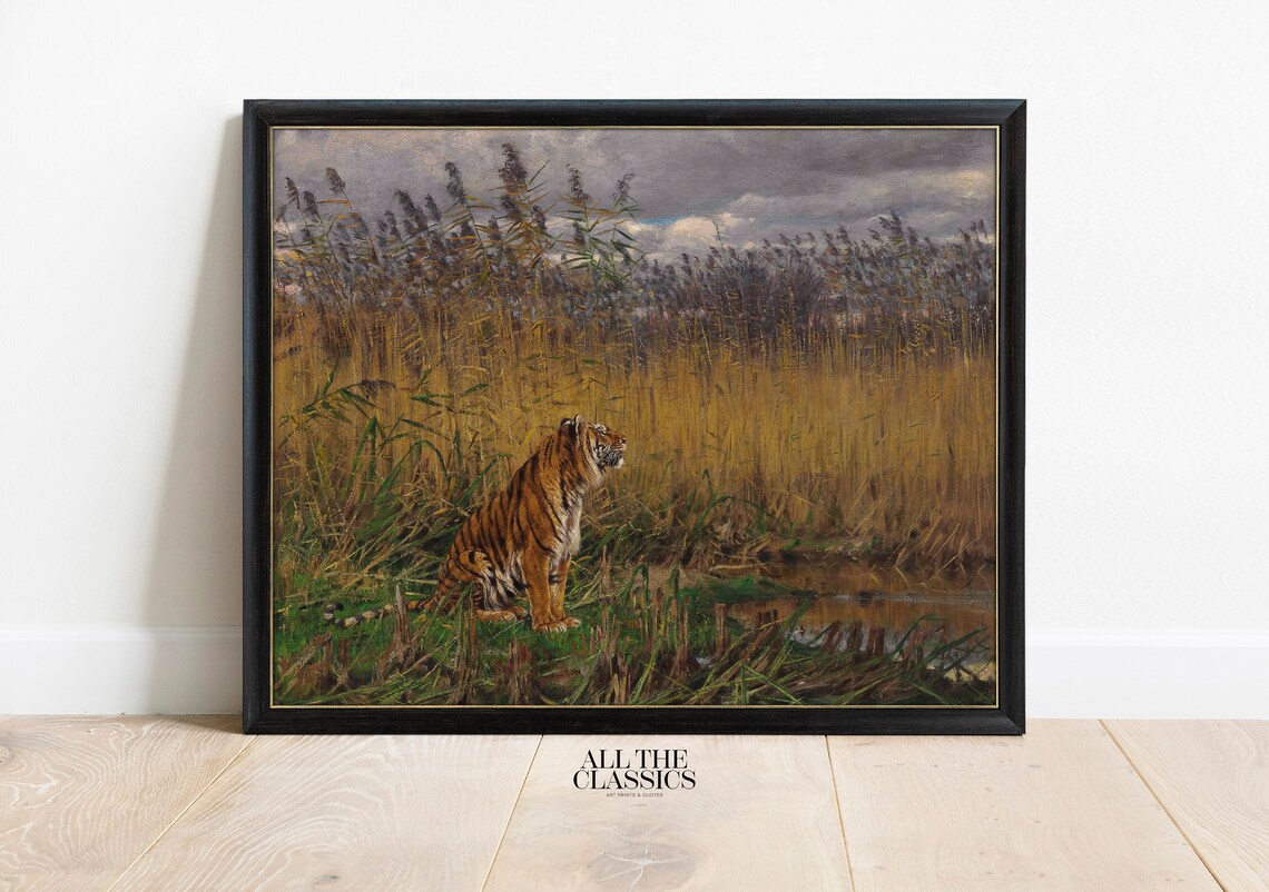 Majestic Tiger Resting in Tall Golden Reeds by a Stream Poster - Image 3