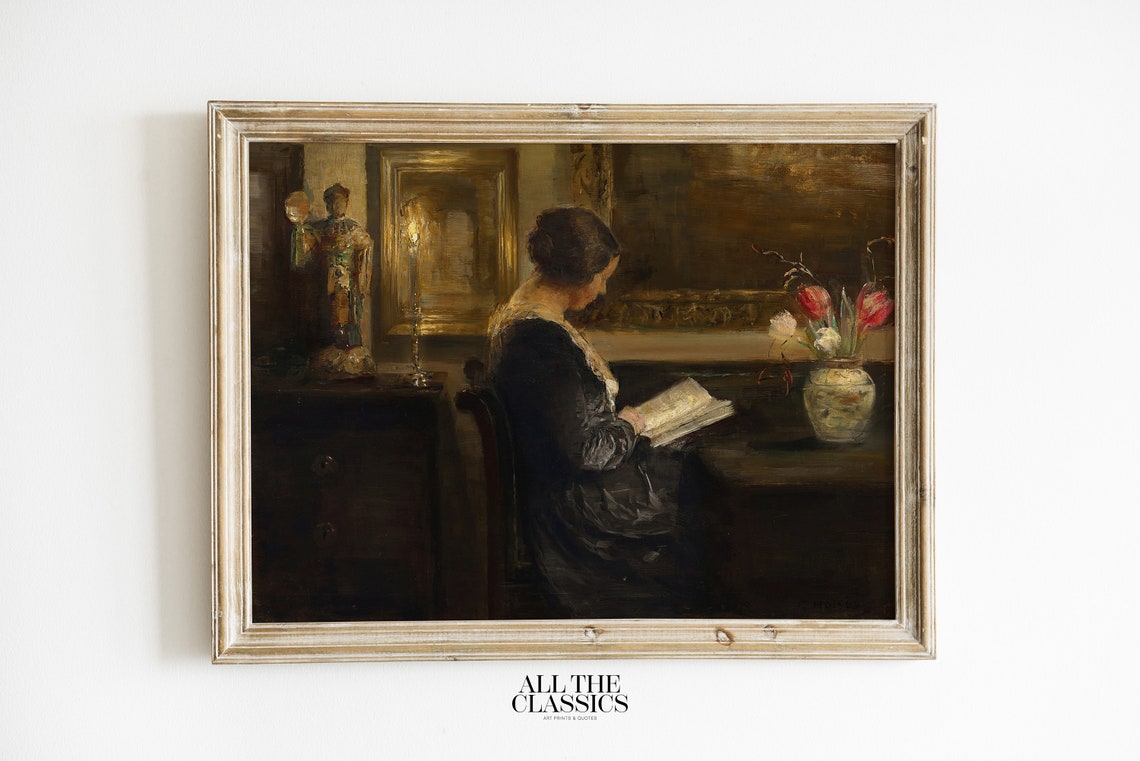 Dark Academia Woman Reading By Candlelight With Tulips Art Poster
