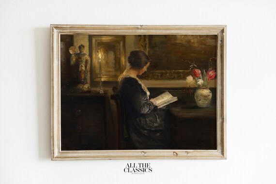 Dark Academia Woman Reading By Candlelight With Tulips Art Poster