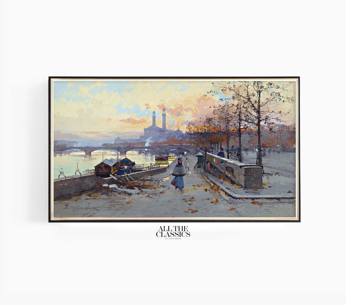 Paris Seine River Quay at Winter Sunset with Bridge Vintage Poster