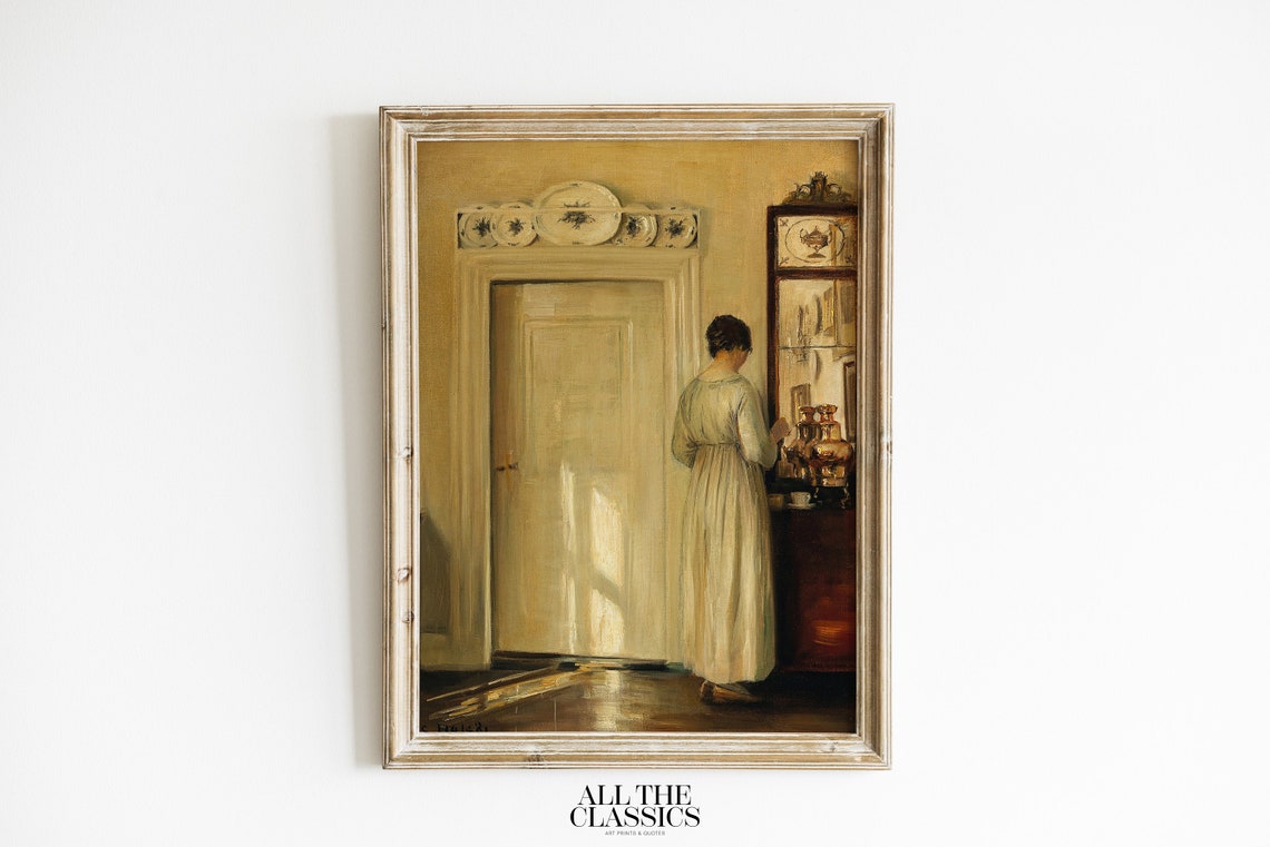Woman in White at a Sunlit Sideboard Quiet Victorian Interior Poster
