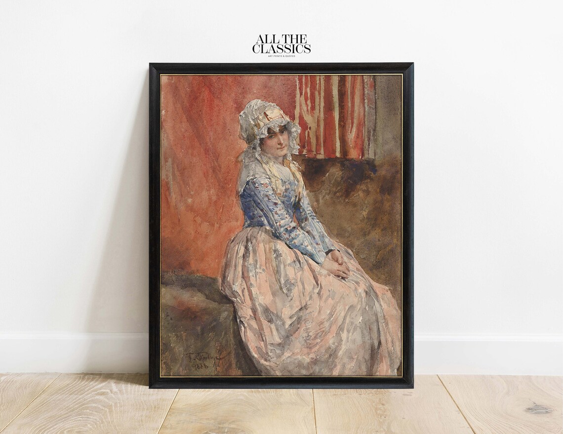 Victorian Woman Lace Bonnet Blue Bodice Classic Portrait Wall Art - Image 3