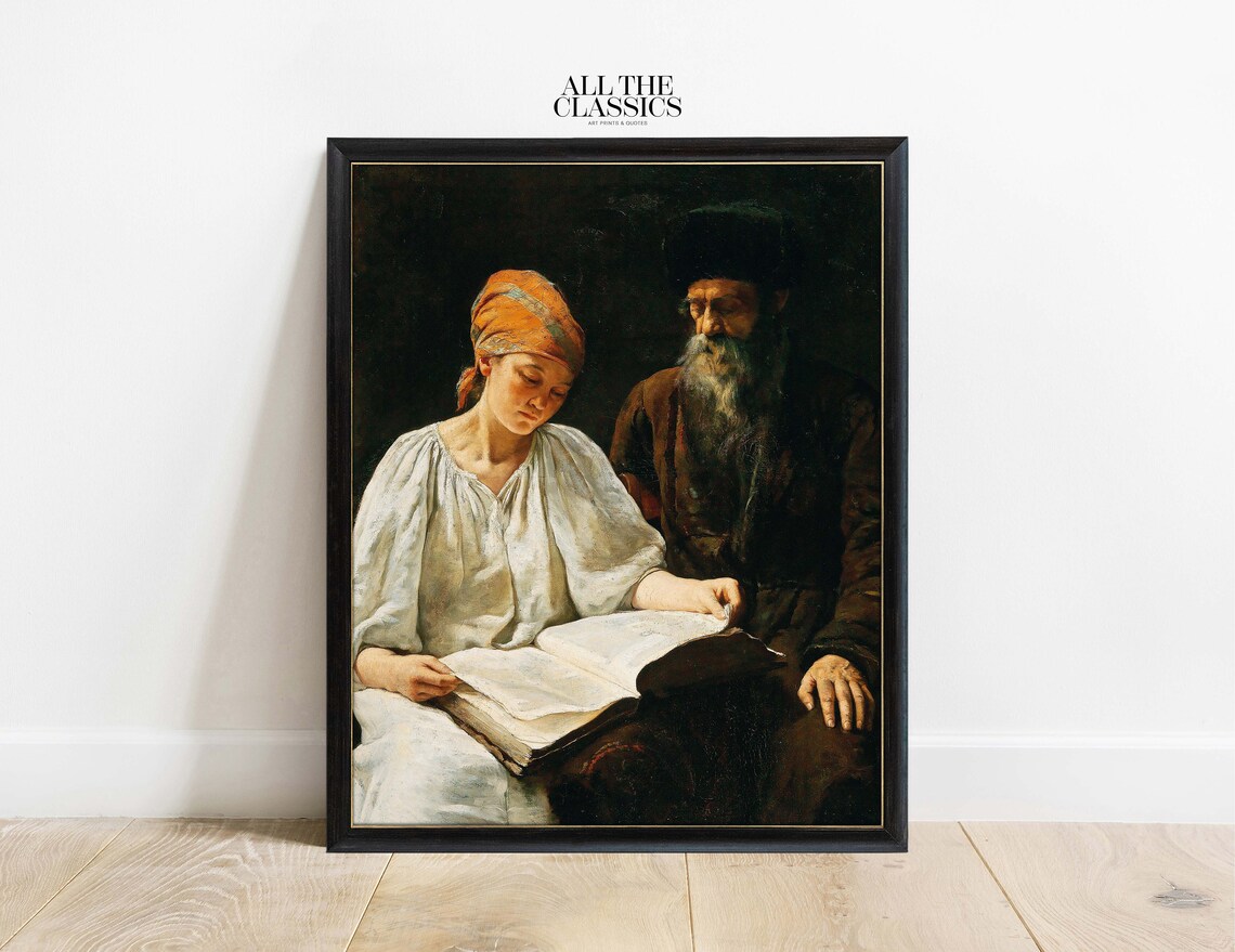 Old Man and Young Woman Reading Together Oil Painting Poster - Image 3