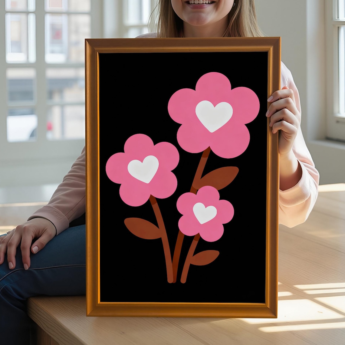 Pink Heart Flower Poster Minimalist Floral Art Black Background