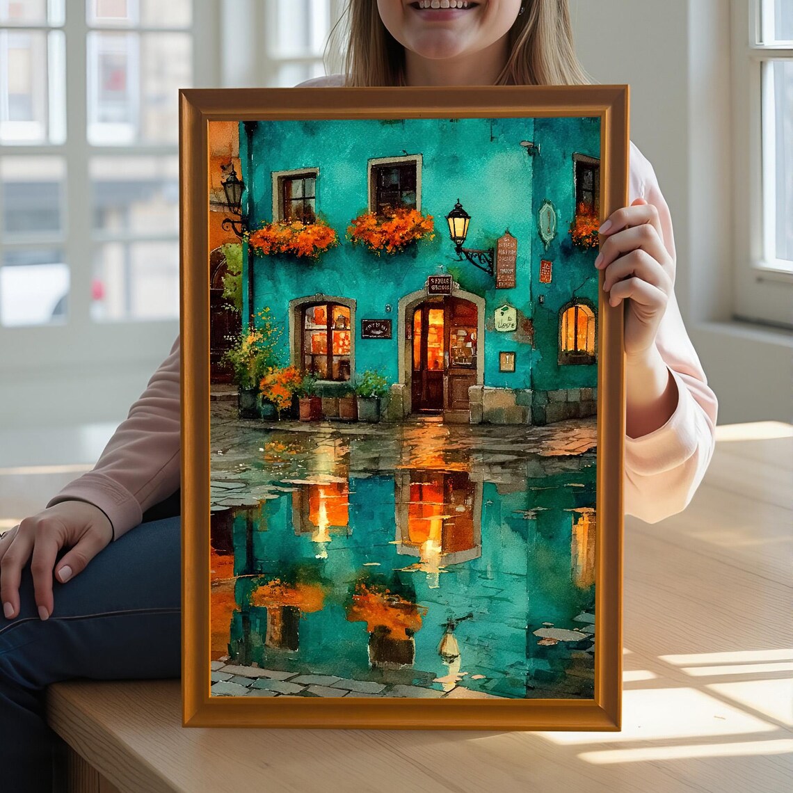 Turquoise European Street Rainy Day Watercolor Cityscape Art Print