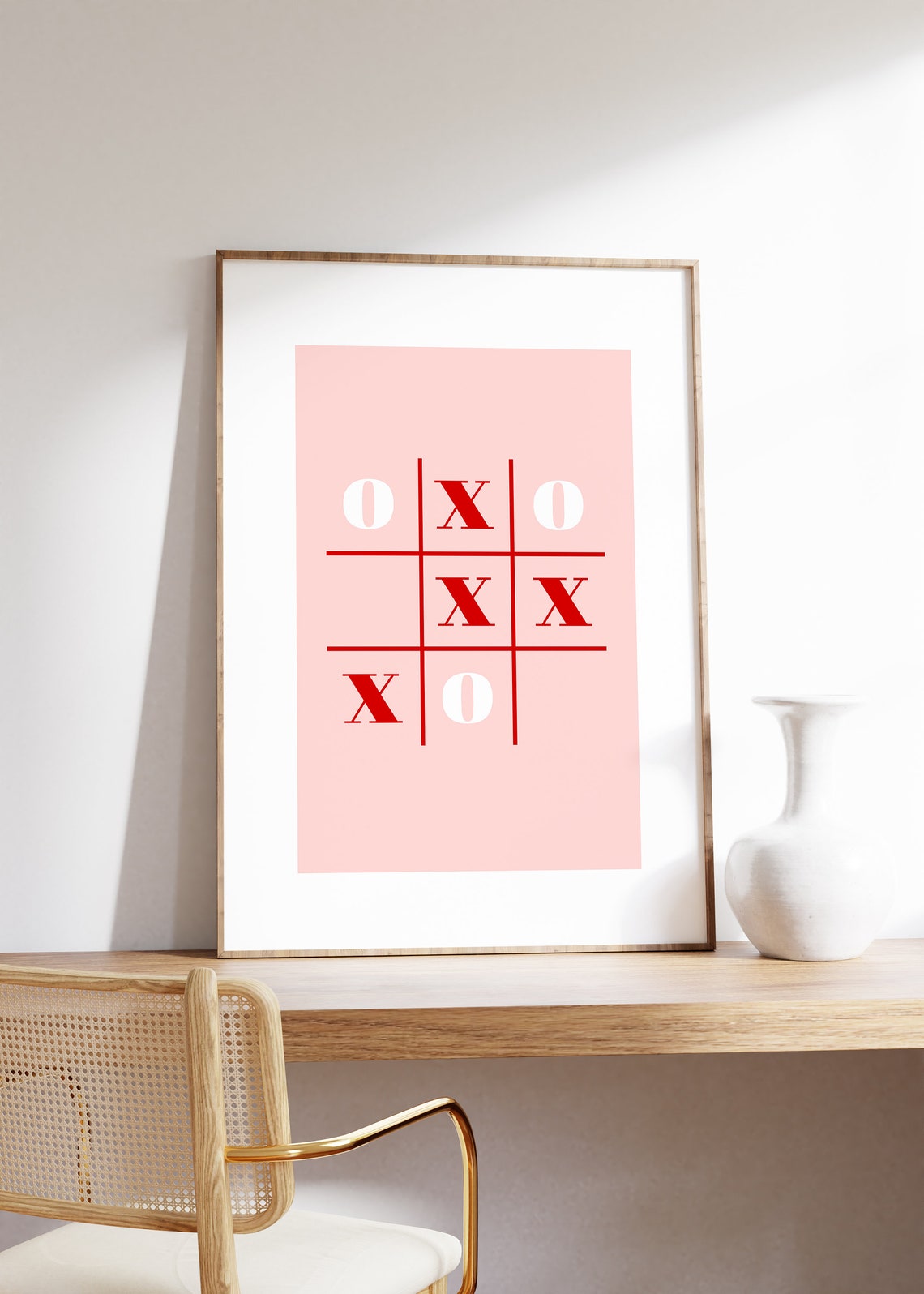 Playful Tic Tac Toe Game Grid XOXO Pink Red Minimalist Poster - Image 2