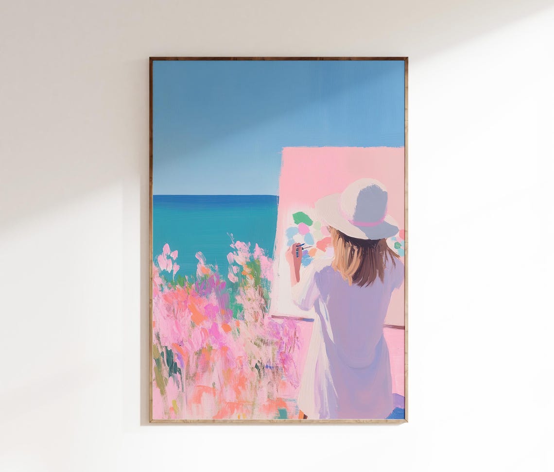 Woman Painting At Easel Overlooking The Sea Pink Coastal Art Poster