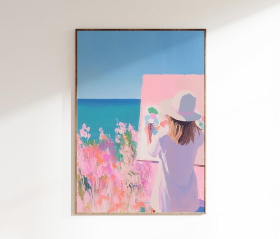 Woman Painting At Easel Overlooking The Sea Pink Coastal Art Poster