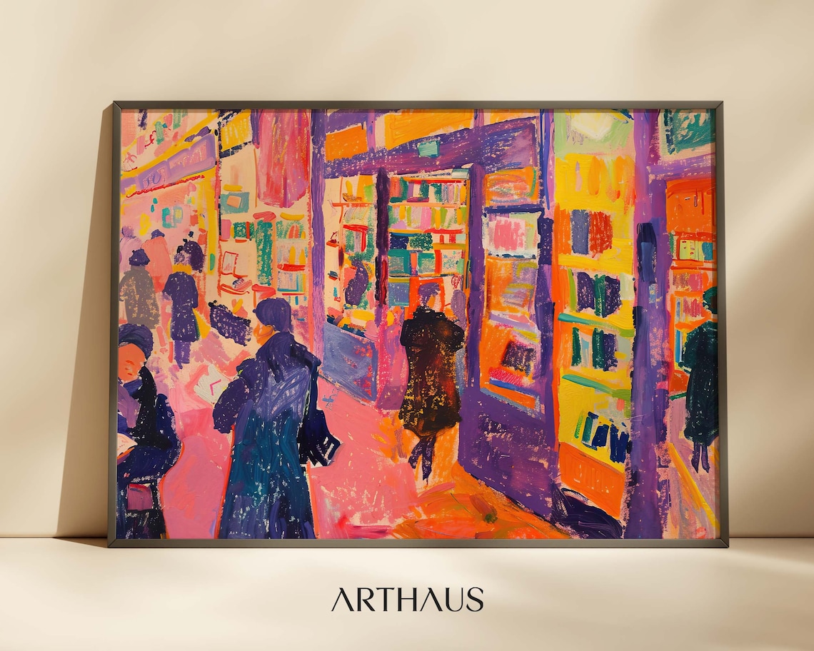 Vibrant Neon Bookstore Market Bustling Shoppers Scene Art Poster