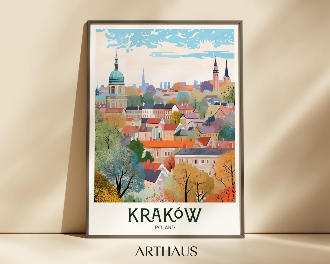 Krakow Poland Autumn Old Town Panorama Vintage Travel Poster