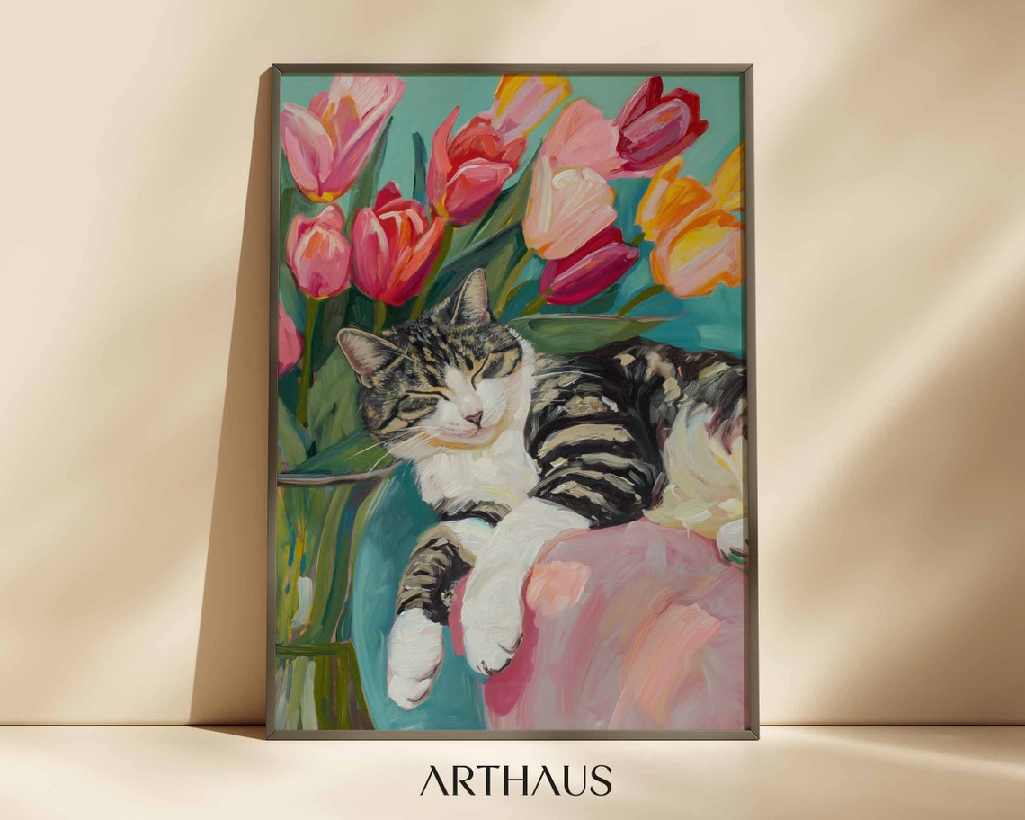 Sleeping Tabby Cat Pink Tulips Painterly Cozy Home Art Print