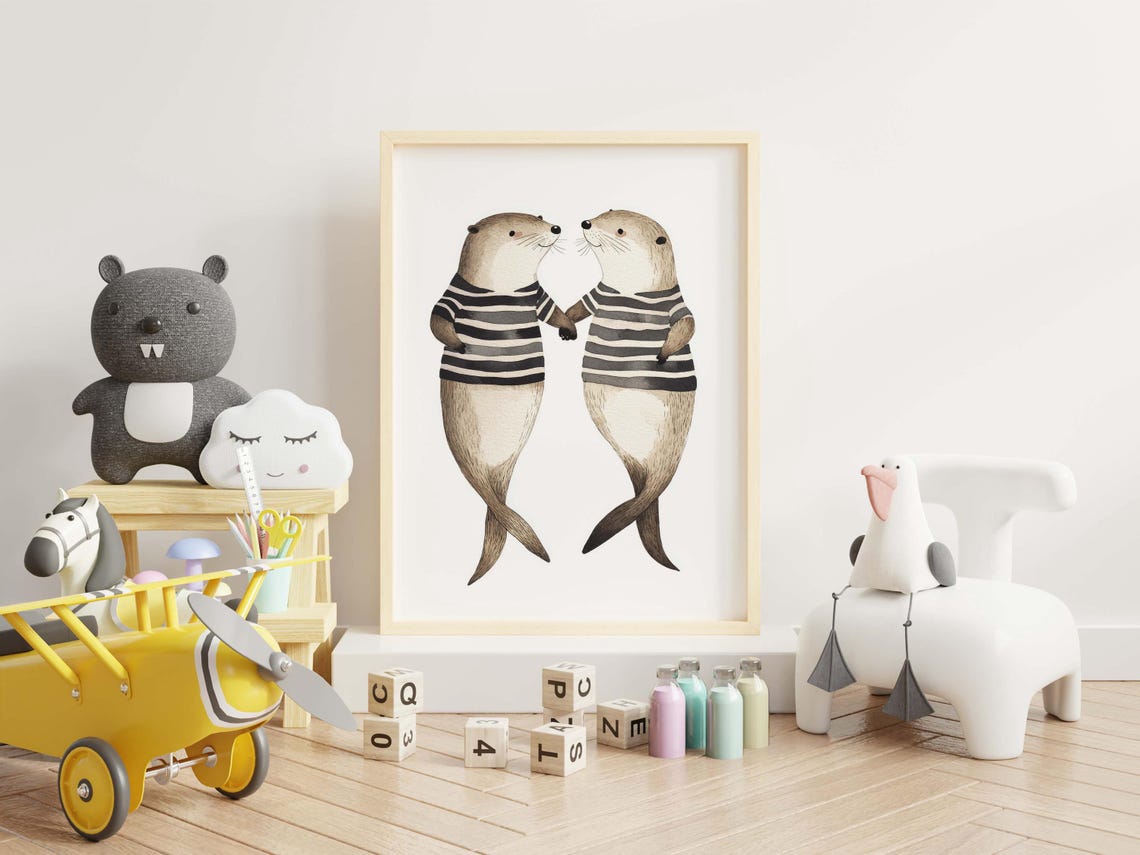 Two Cute Otters Holding Hands Striped Shirts Nursery Wall Art - Image 3