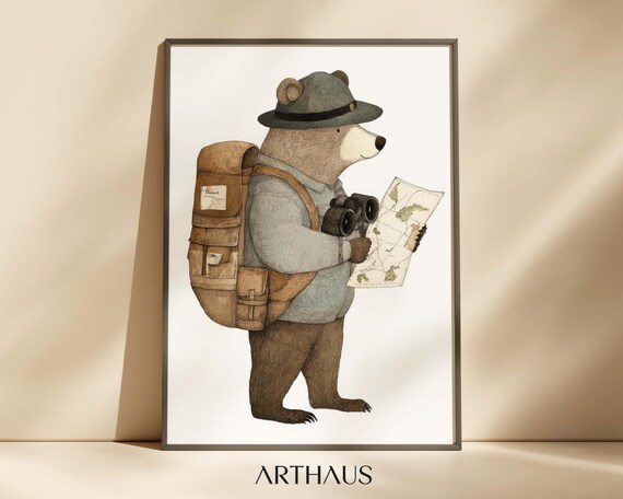 Bear Explorer With Backpack Binoculars Map Adventure Nursery Wall Art