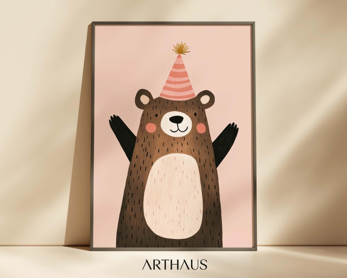 Nursery Birthday Bear Wall Art of Cute Animal in a Party Hat