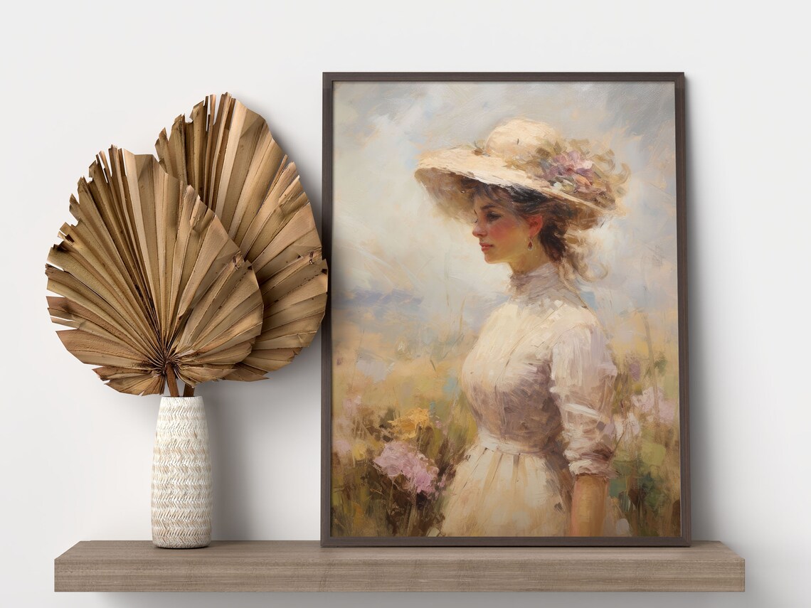 Impressionist Woman in Straw Hat with Flowers Meadow Painting Poster - Image 3