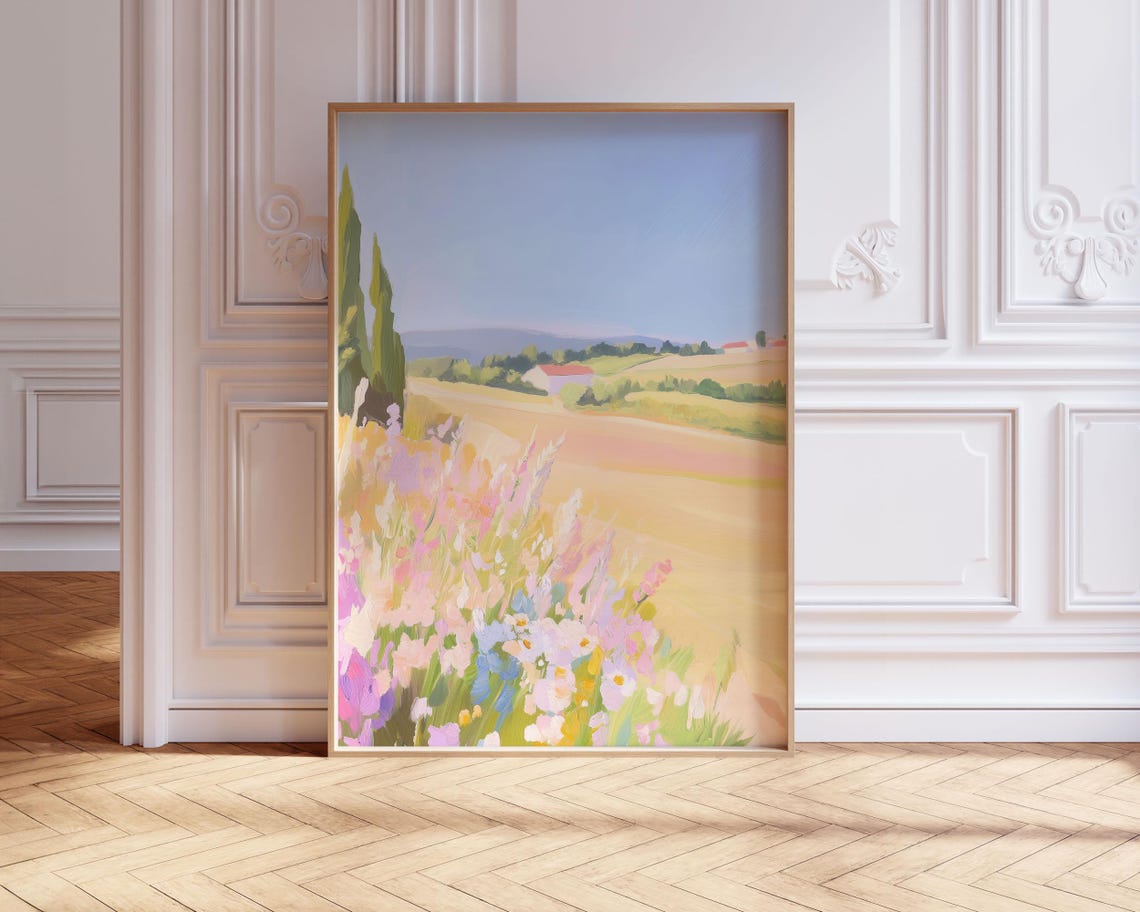 French Countryside Wildflower Field Pastel Cottage Landscape Poster