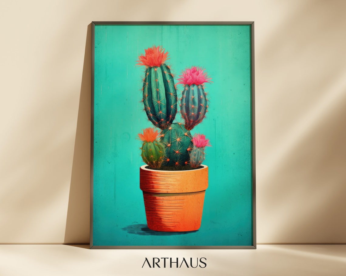 Blooming Potted Cactus Pink Flowers Turquoise Maximalist Art Print