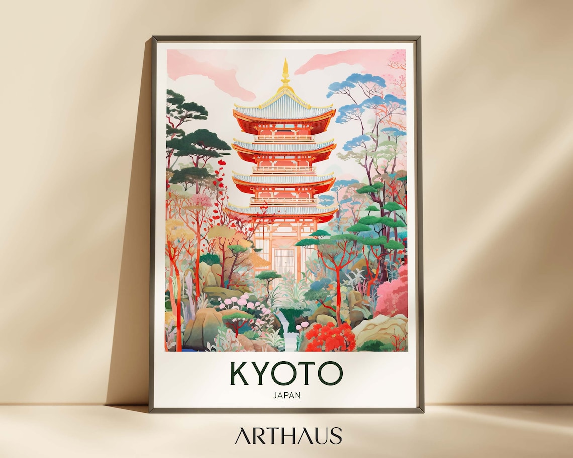 Kyoto Japan Red Pagoda Temple Autumn Foliage Colors Travel Poster