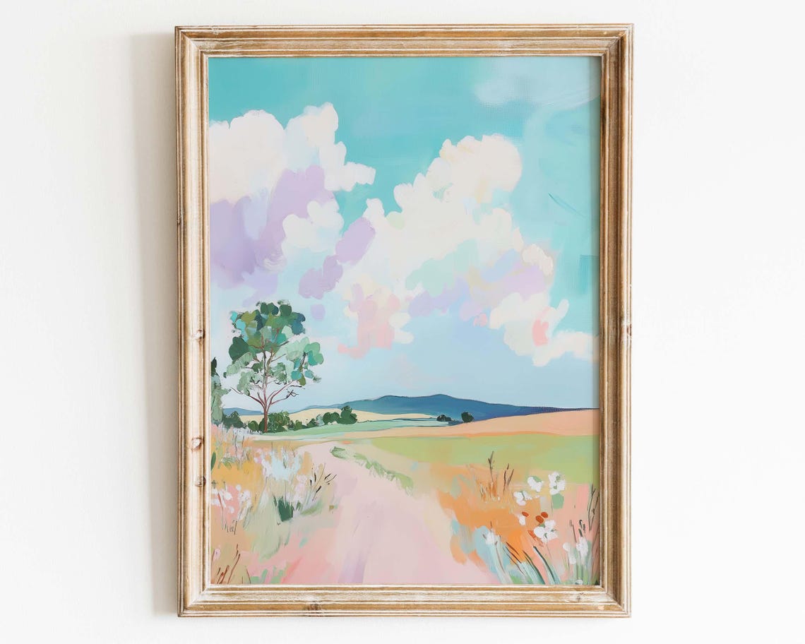 Pastel Countryside Lane with Tree and Hills Soft Landscape Poster