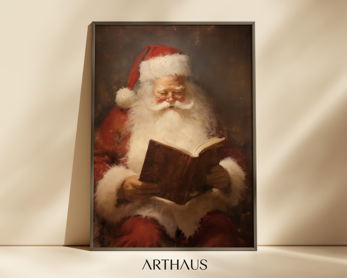Santa Claus Reading a Book Classic Vintage Christmas Painting Poster