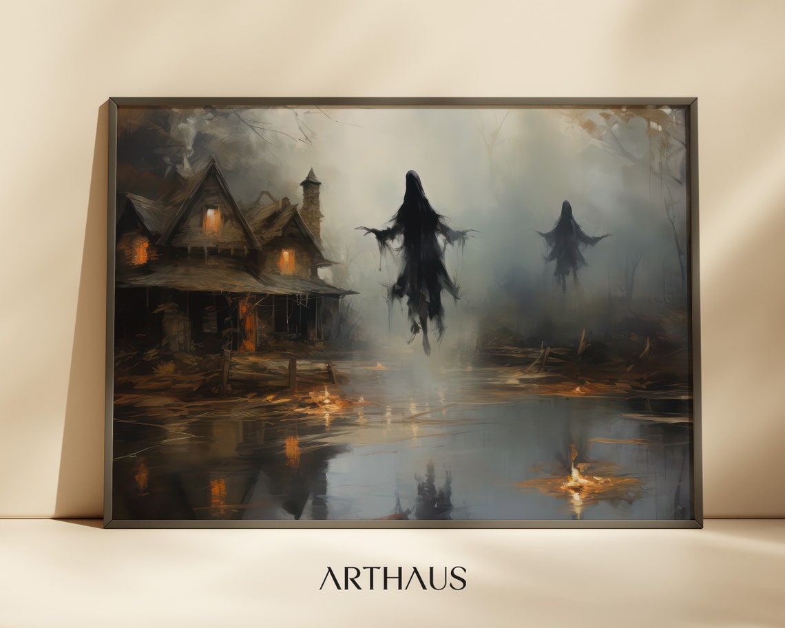 Dark Haunted House With Floating Ghosts On A Foggy Night Poster