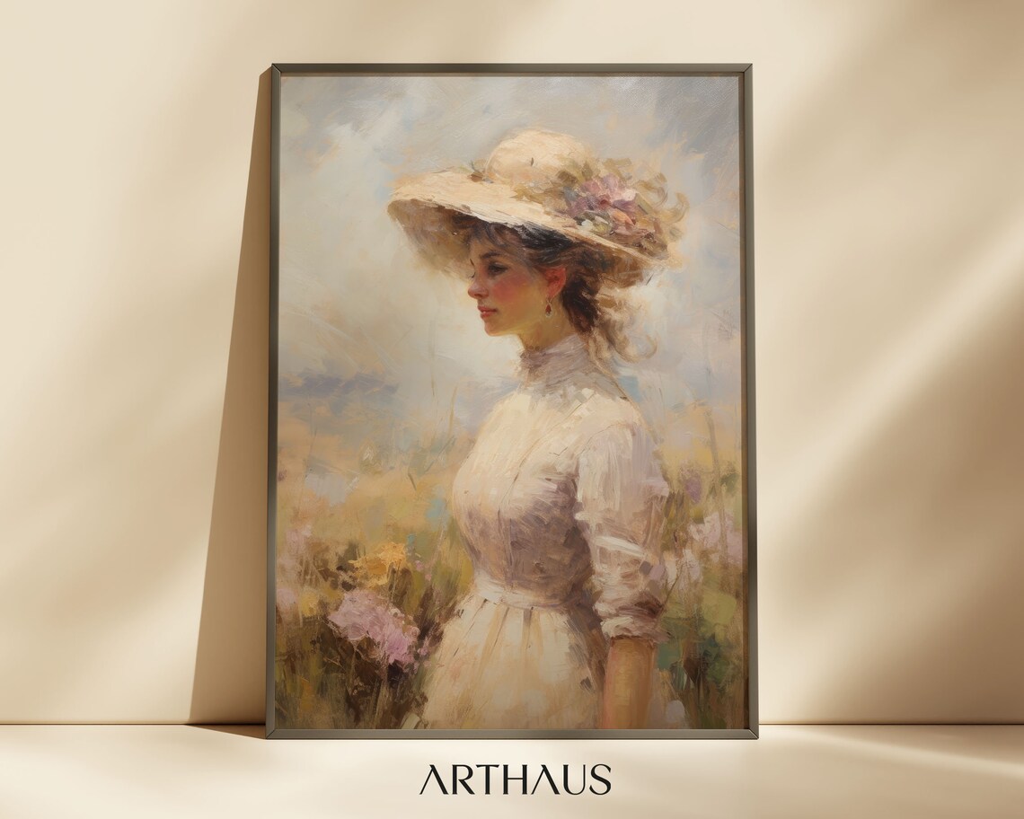 Impressionist Woman in Straw Hat with Flowers Meadow Painting Poster