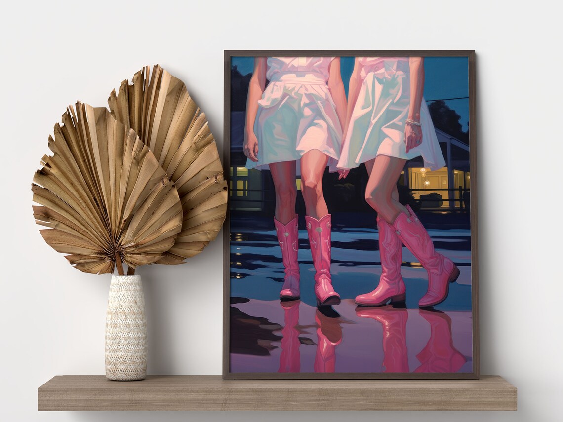 Pink Cowboy Boots Night Street Wet Pavement Reflection Art Print - Image 2