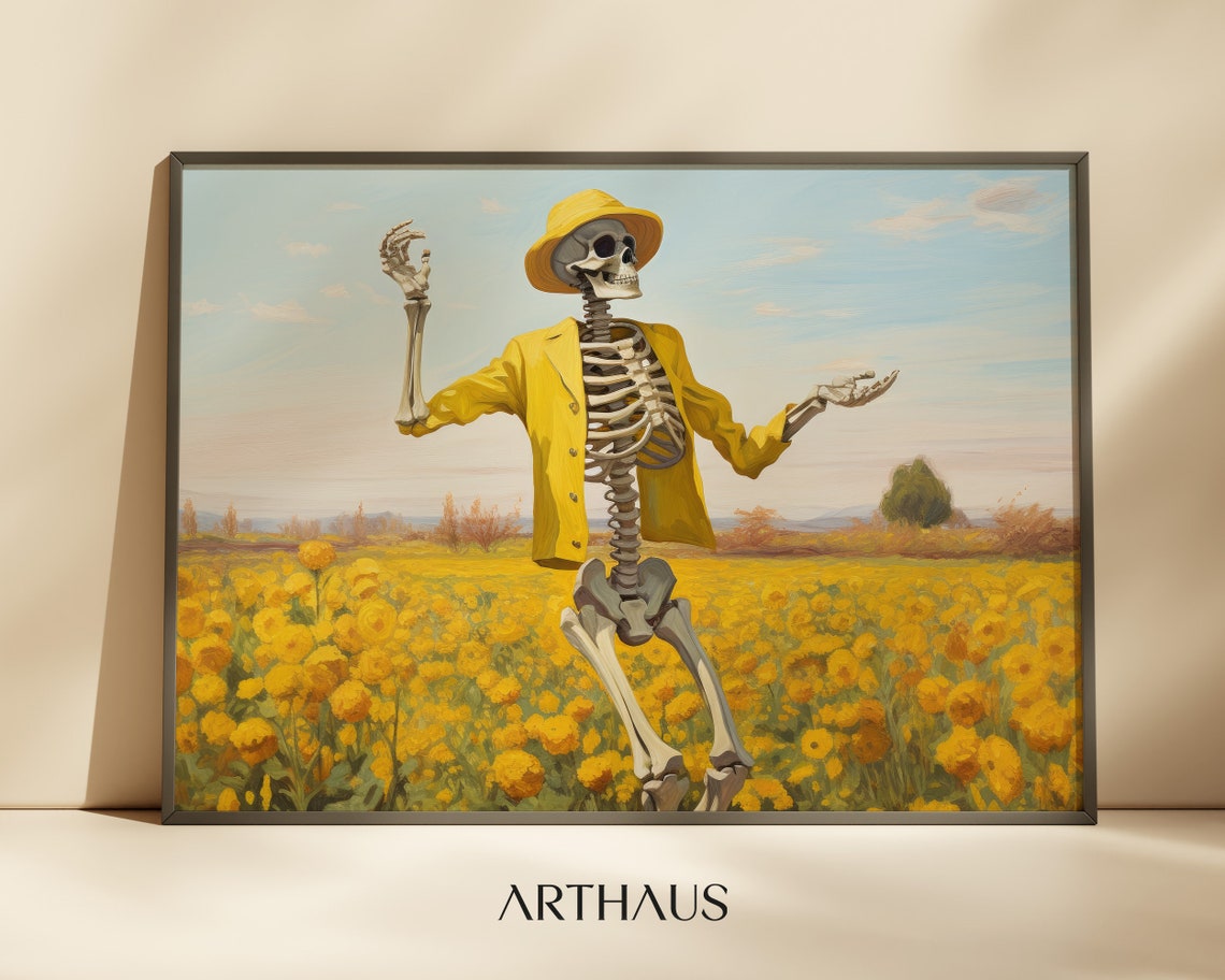 Dancing Skeleton in Bright Yellow Suit Wildflower Field Art Print