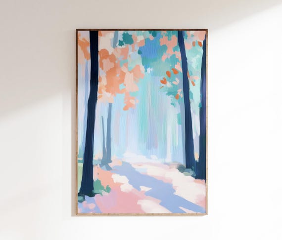 Pastel Forest Print Trees Countryside Wall Art Cottage House Decor Living Room Nature