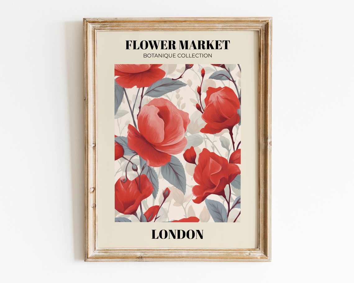 Flower Market London Print Red Floral Print Flower Market Prints Trendy Wall Art Botanical Wall Art Flower Poster Art - Image 2
