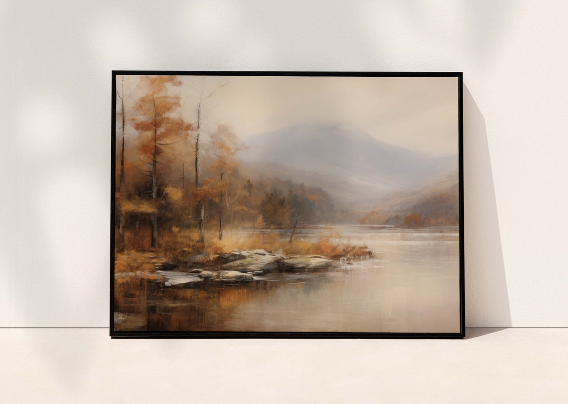 Vintage Autumn Lake with Misty Mountains Farmhouse Landscape Print