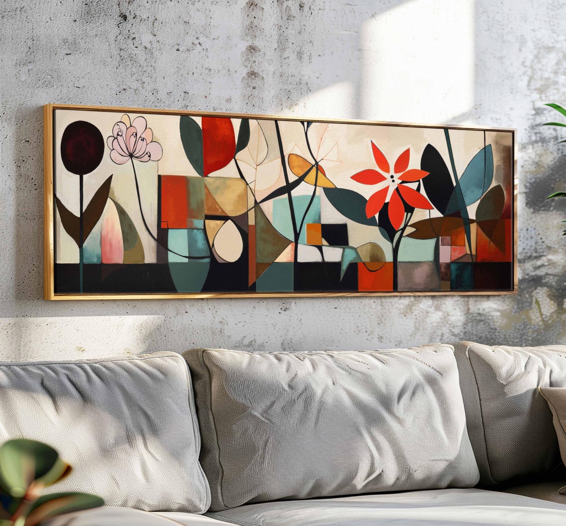 Mid Century Modern Geometric Floral Red Blooms Abstract Wall Art