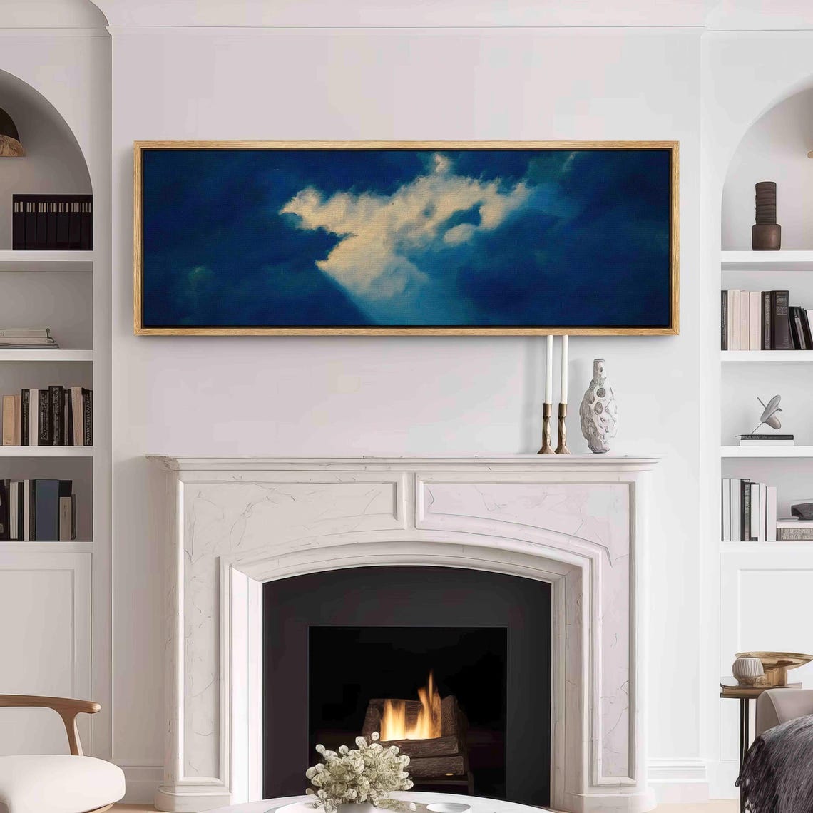White Cloud Cobalt Blue Sky Minimalist Panoramic Cloud Art Print - Image 3